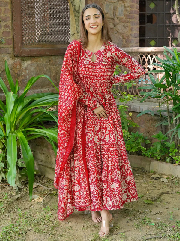 Kashish Pink Printed Cotton Anarkali Kurta With Trousers & Dupatta