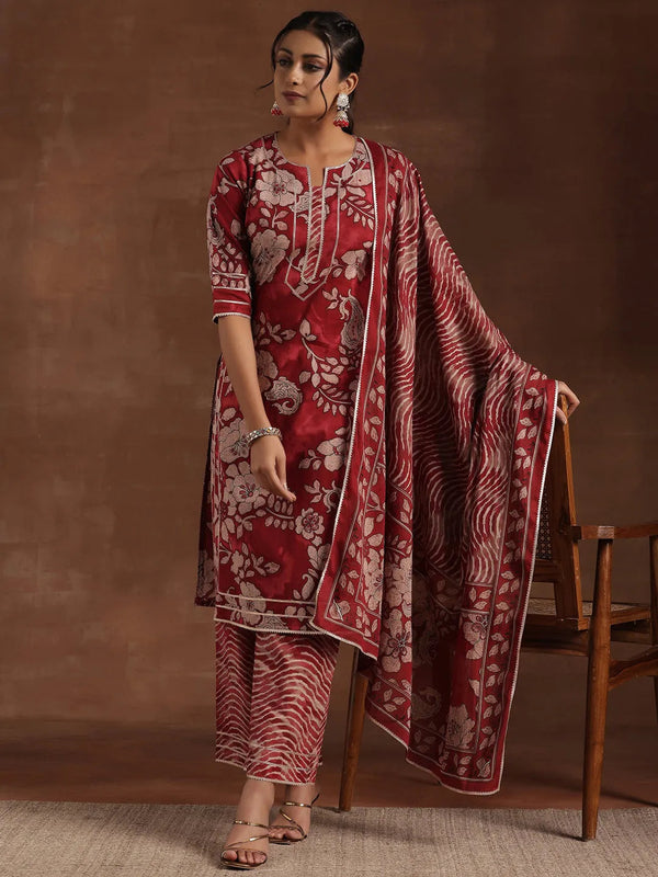 Rust Printed Cotton Straight Suit With Dupatta