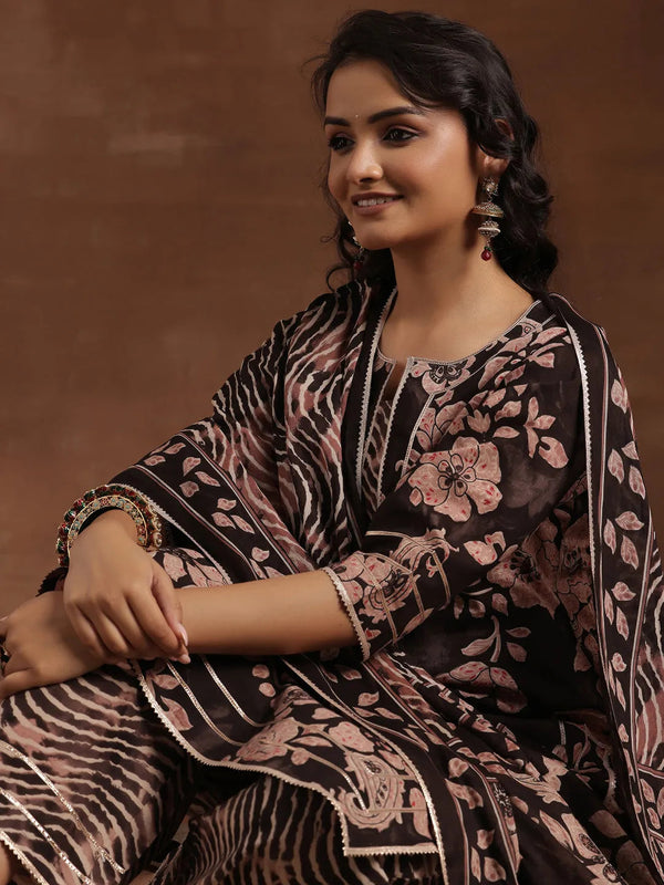 Black Printed Cotton Straight Suit With Dupatta