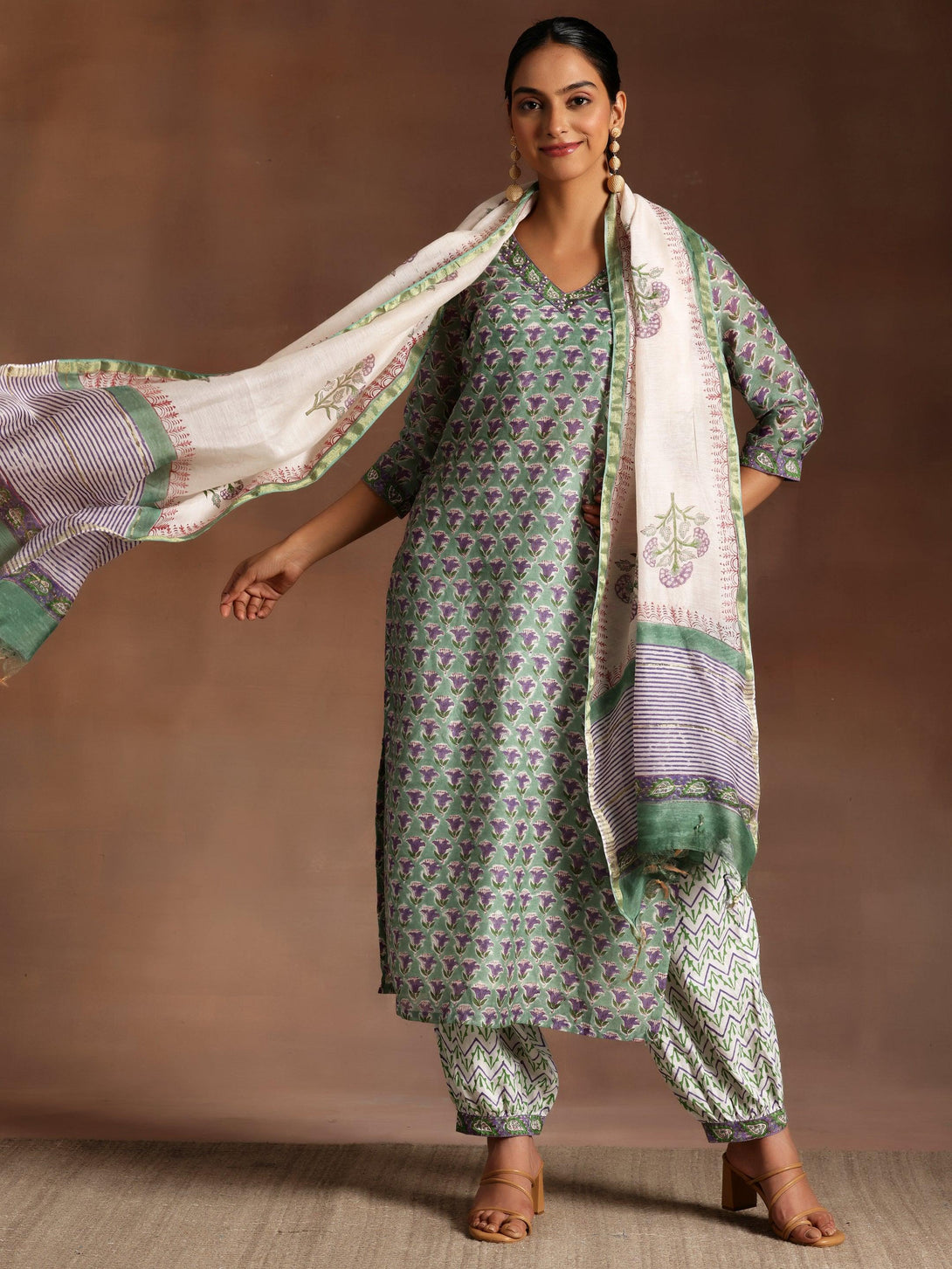 Green Printed Cotton Straight Suit With Dupatta - Jashvi