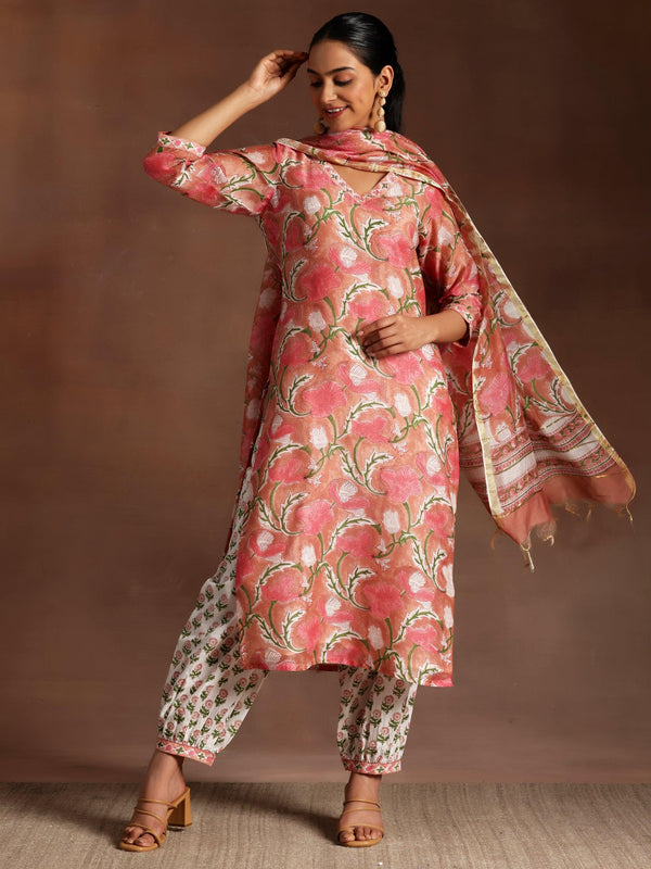 Peach Printed Cotton Straight Suit With Dupatta - Jashvi