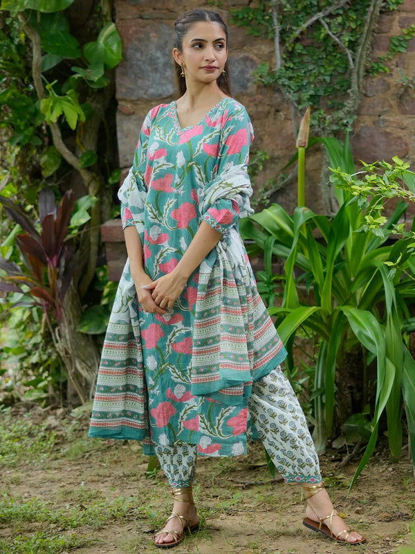 Turquoise Printed Cotton Straight Suit With Dupatta