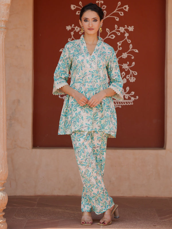 Turquoise Printed Cotton Blend Co-Ords