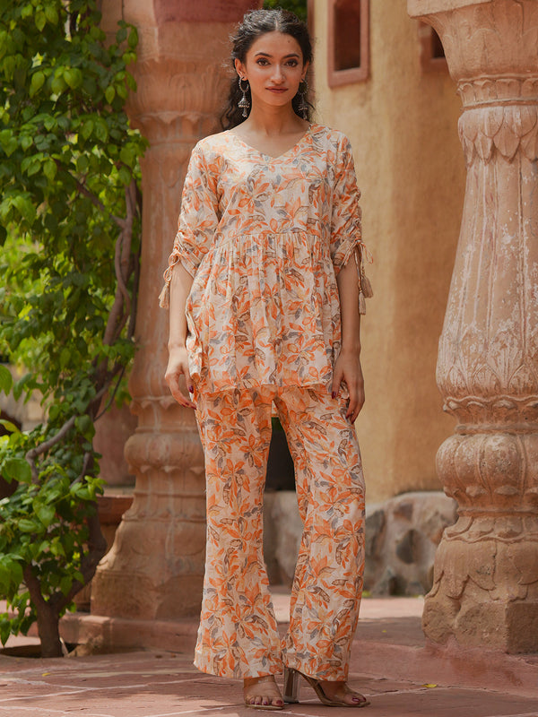 Orange Printed Cotton Blend Co-Ords