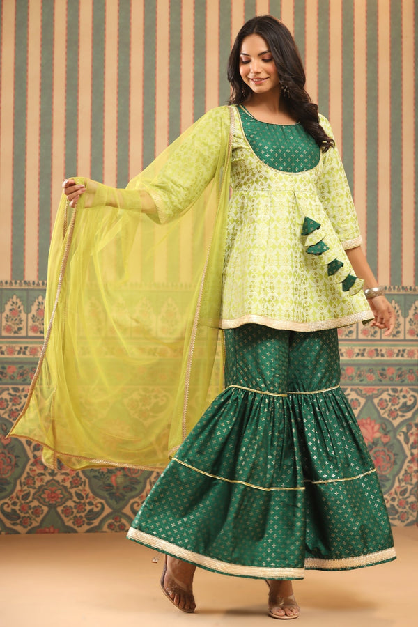 Jashvi Green Geometric Printed Shantoon Slub Kurta Sharara & Dupatta Set With Lace Work