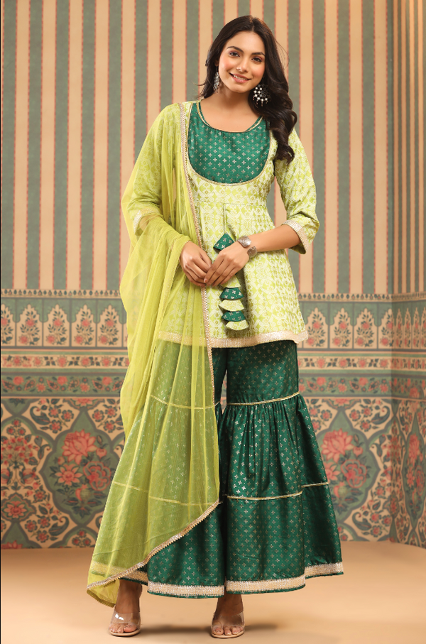 Women's Green Shantoon Slub Foil Printed Kurta, Sharara & Dupatta Set. - Juniper