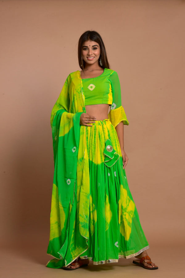 Women's Green Hand Tie And Die Lehenga Set - Saras The Label