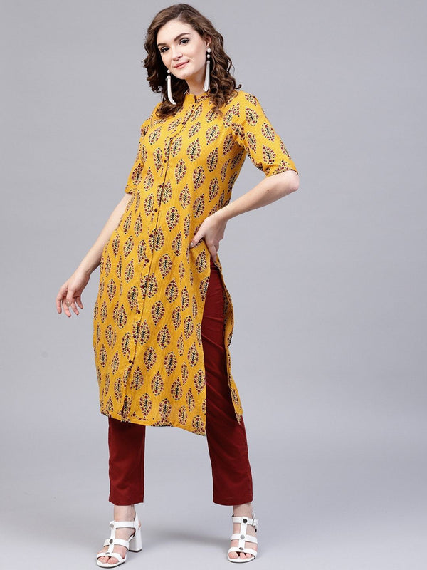 Women's  Yellow & Maroon Printed Kantha Work Kurta with Trousers - AKS