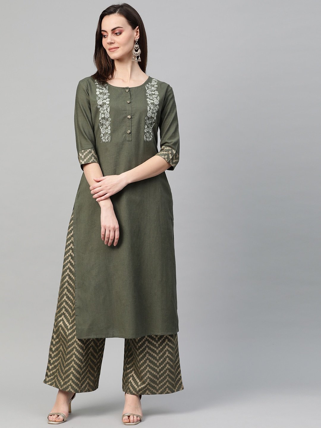 Women's Olive Kurta Printed Set - Yufta