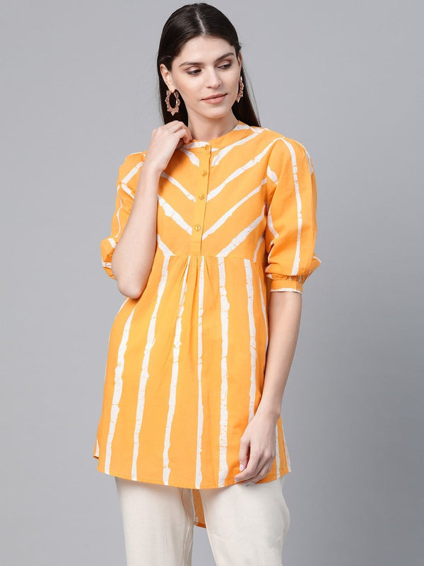 Women's  Mustard Yellow & White Striped High-Low Top - AKS