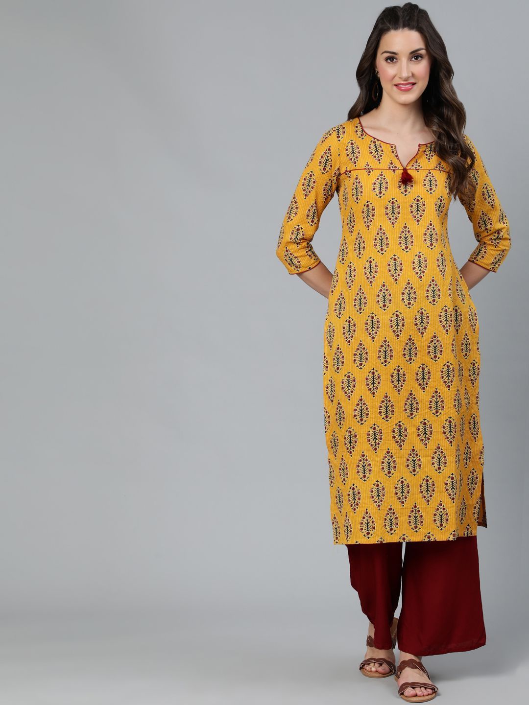 Women's Mustard Kantha Design Straight Kurta - AKS