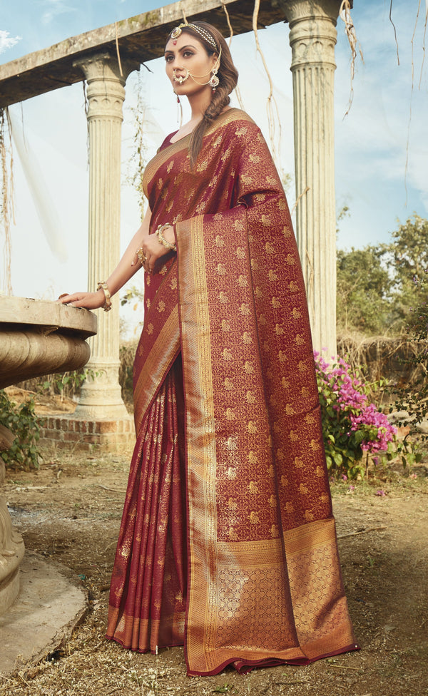 Women's Maroon color Banarasi Silk Woven saree - Monjolika