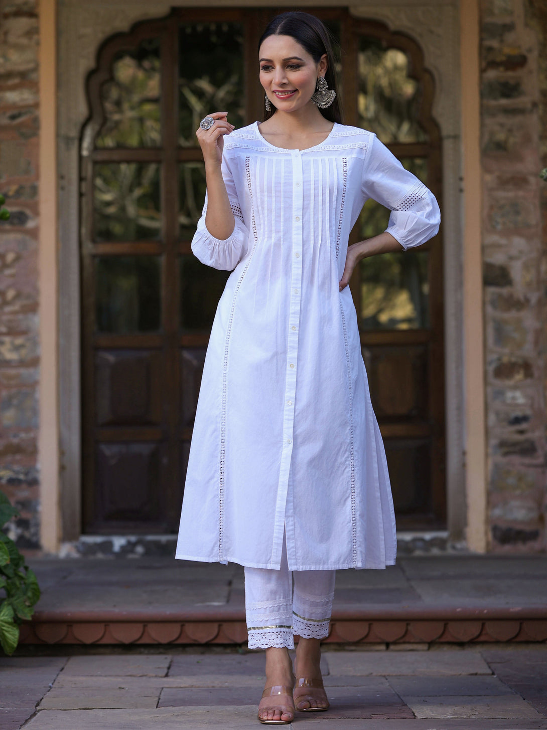 Women's White Cotton Cambric Solid A-Line Kurta - Juniper