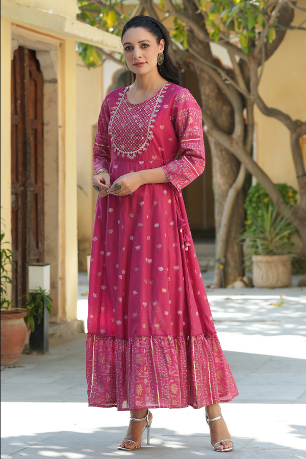 Women's Fuchsia Mono Viscose Printed  With Embroidery Flared Dress - Juniper