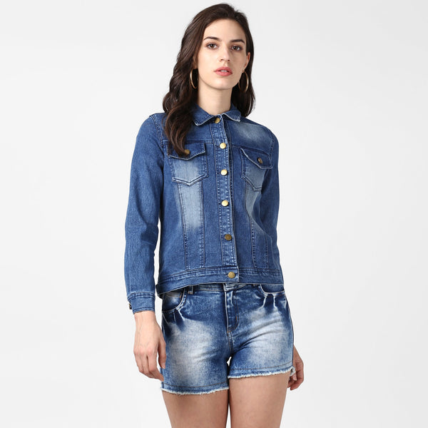 Women's Blue Denim Jacket with Washed effect - StyleStone