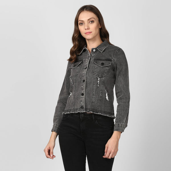 Women's Black Denim Distressed Jacket - StyleStone