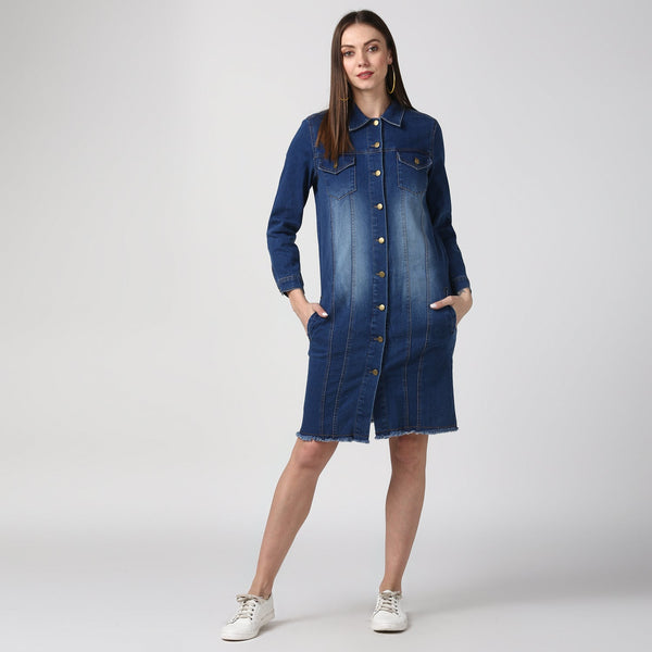 Women's Navy Blue Long Overcoat Style Denim Jacket with Washed effect - StyleStone