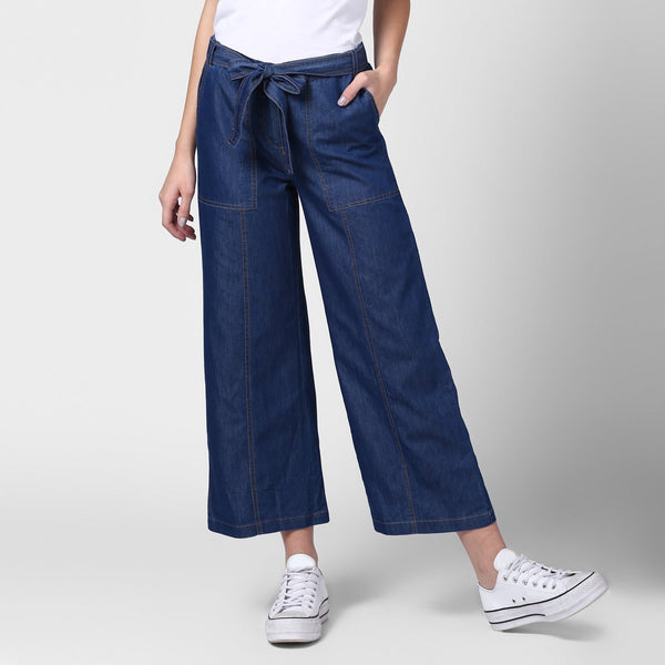 Women's Blue Denim Trousers with belt - StyleStone