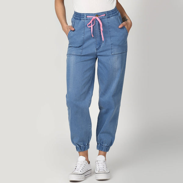 Women's Blue Denim Joggers with Pink Drawstring - StyleStone