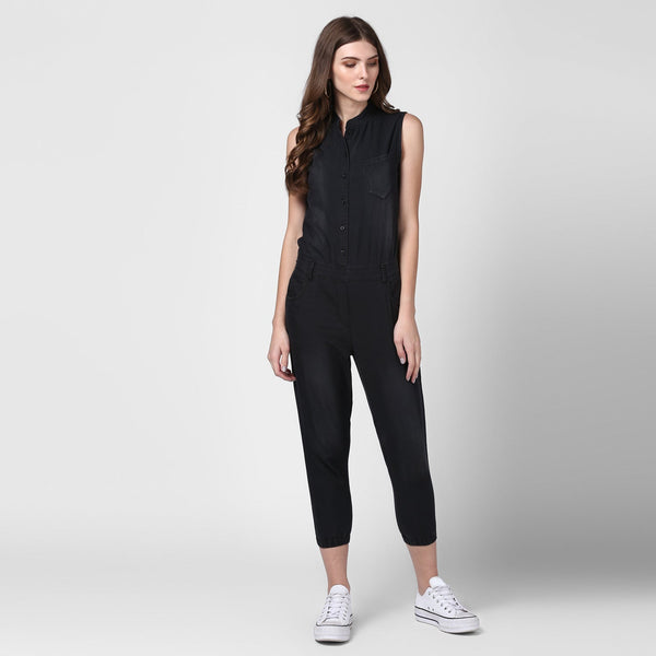 Women's Black Denim Jumpsuit with Manderin Collar - StyleStone