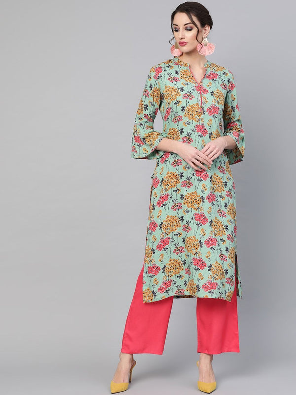 Women's  Sea Green & Pink Printed Kurta with Palazzos - AKS