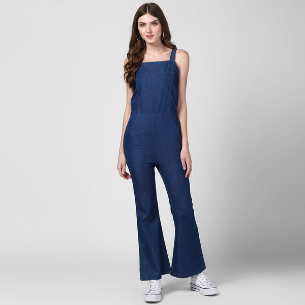 Women's Blue Denim Strap style Jumpsuit with bootcut pants - StyleStone