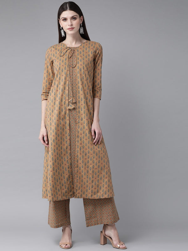 Women's  Brown & Blue Printed Layered Kurta with Palazzos - AKS