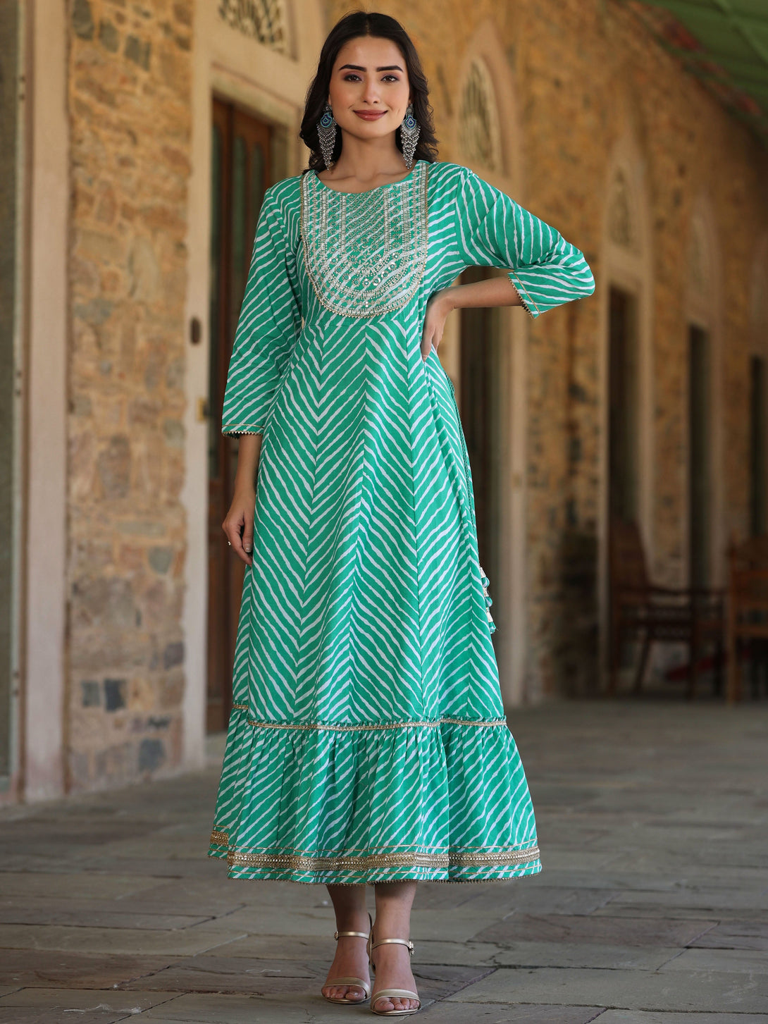 Women's Green Printed Embroidered Mirror Work Sequin Cotton Flared Dress - Juniper