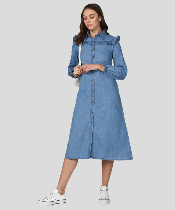 Women's Blue Denim Dress with Ruffle Detail - StyleStone