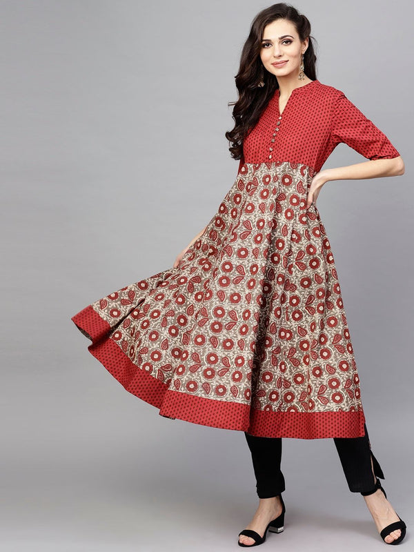 Women's  Maroon & Charcoal Grey Printed Anarkali Kurta - AKS