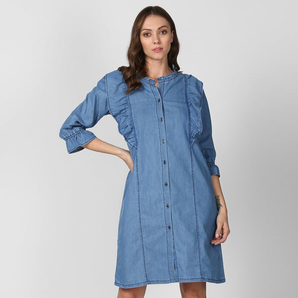 Women's Blue Denim Shirt Dress with Side Ruffle Detail - StyleStone