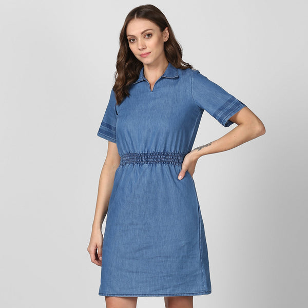 Women's Blue Denim Dress with Smocked waistline - StyleStone