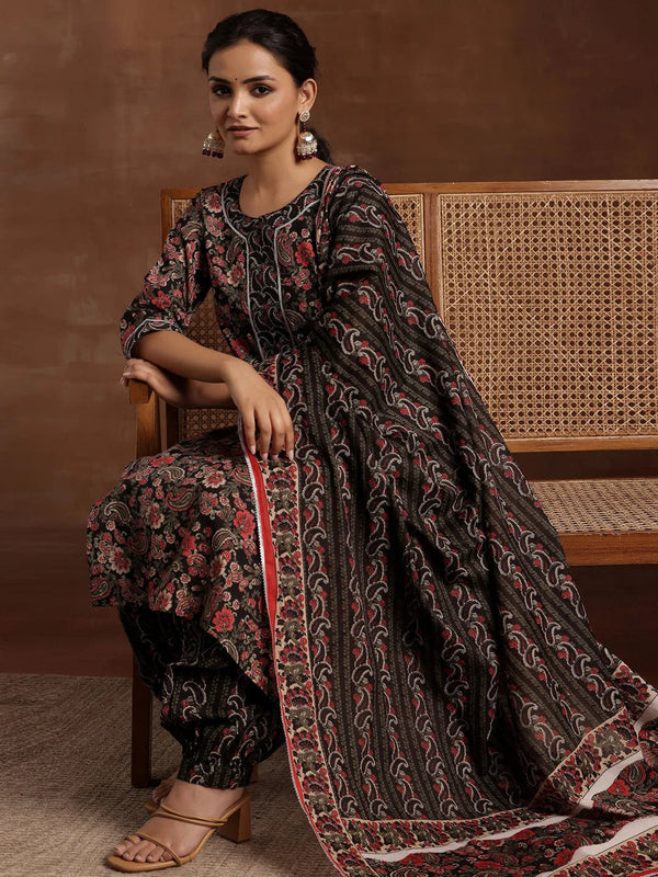 Black Printed Cotton Straight Suit With Dupatta