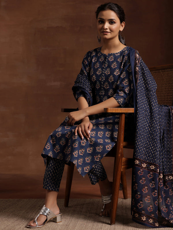 Blue Printed Cotton Straight Suit With Dupatta