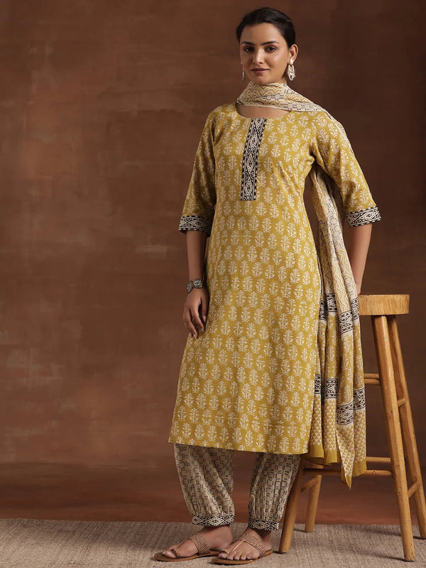 Olive Printed Cotton Straight Suit With Dupatta