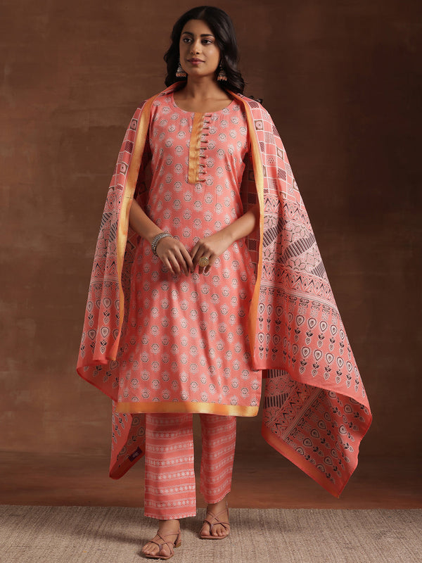 Peach Printed Cotton Straight Suit With Dupatta