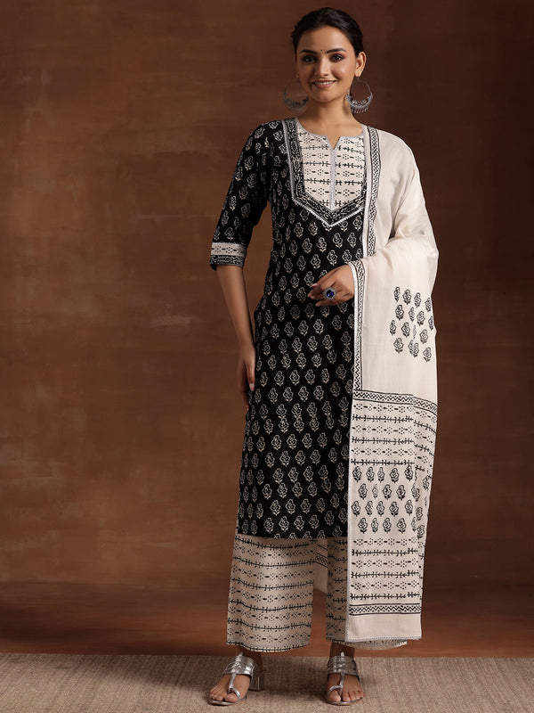 Monochrome Printed Cotton Straight Suit With Dupatta