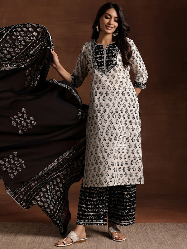 Monochrome Printed Cotton Straight Suit With Dupatta