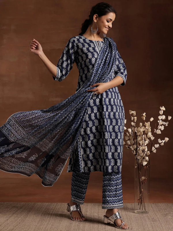 Indigo Printed Cotton Straight Suit With Dupatta