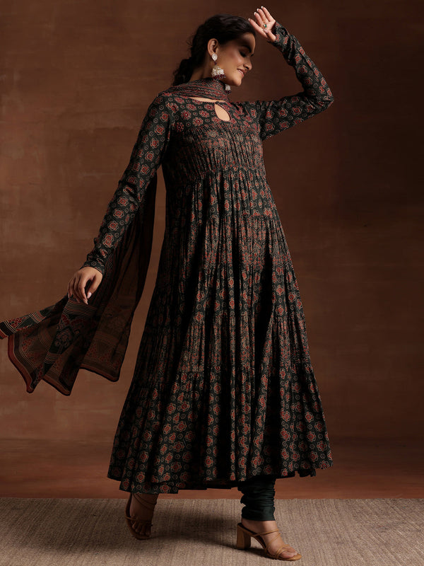 Green Printed Cotton Anarkali Suit With Dupatta