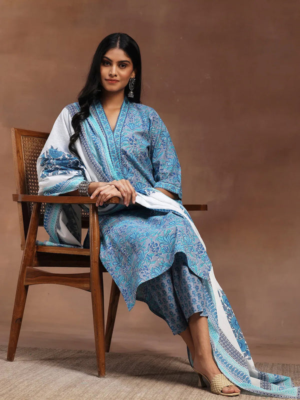 Blue Printed Cotton Straight Suit With Dupatta