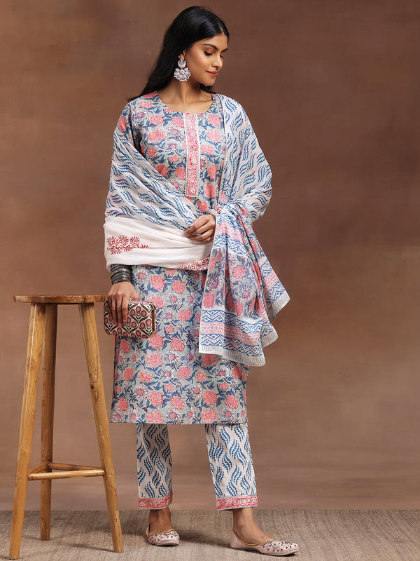 Blue Printed Cotton Straight Suit With Dupatta