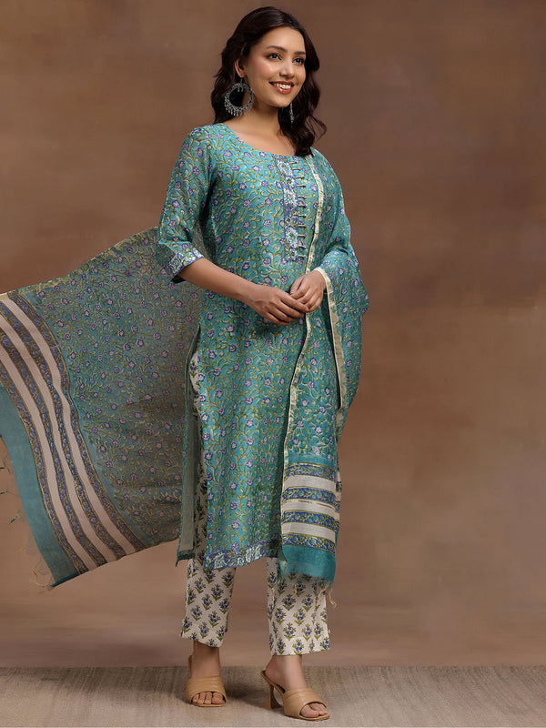 Rama Green Printed Cotton Straight Suit With Dupatta