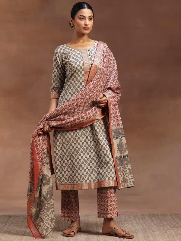 Beige Printed Cotton Straight Suit With Dupatta