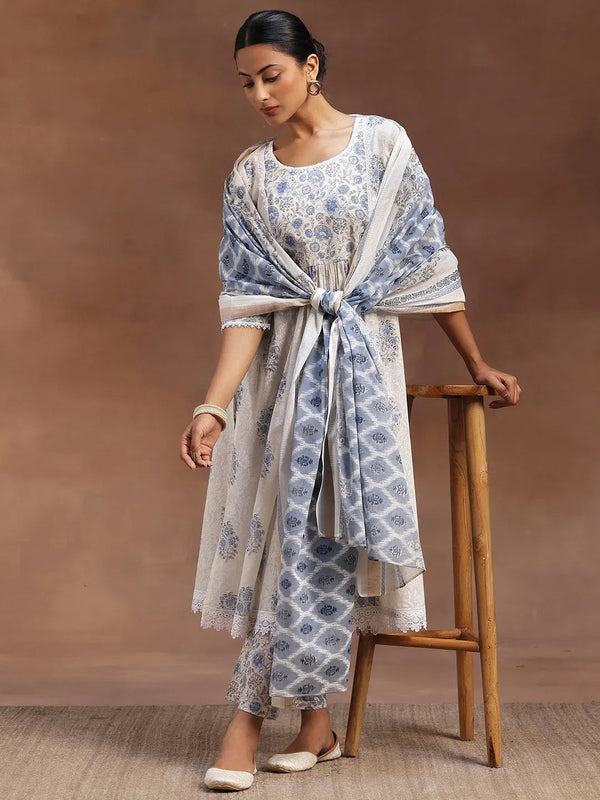 White Printed Cotton A-line Kurta With Trousers & Dupatta