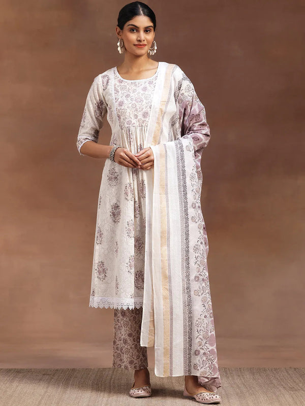 White Printed Cotton A-line Kurta With Trousers & Dupatta