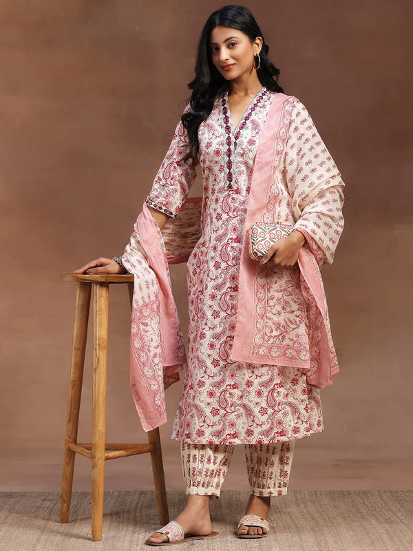 Pink Printed Cotton Straight Suit With Dupatta