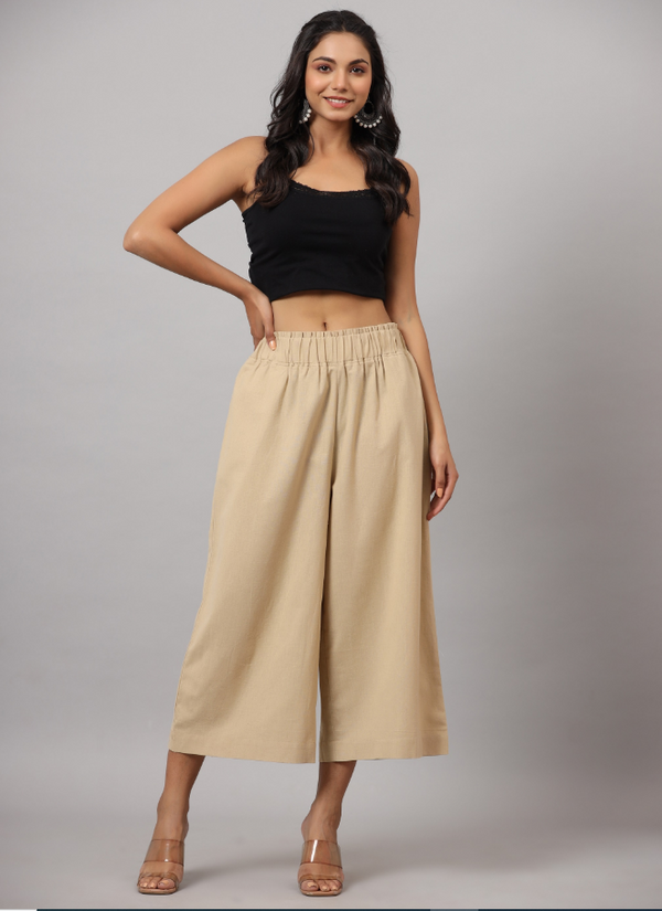 Women's Beige Cotton Flex Flared Culottes  - Juniper