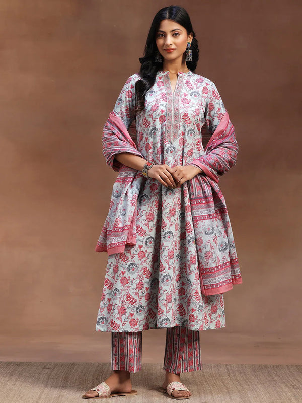 Light Blue Printed Cotton A-line Kurta With Trousers & Dupatta