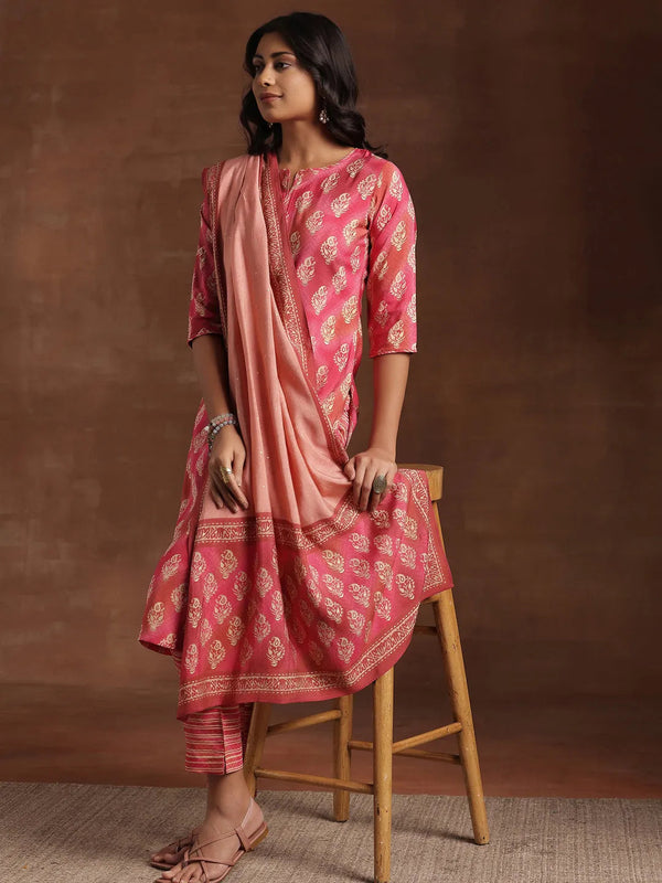 Pink Printed Silk Blend Straight Suit With Dupatta